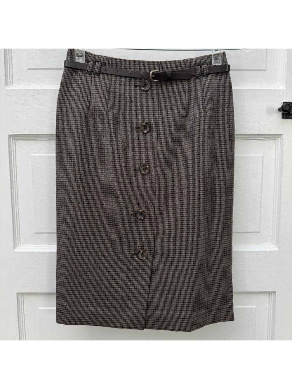 H&M Womens 2 Brown Houndstooth Pencil Skirt Belted Button Front Lined